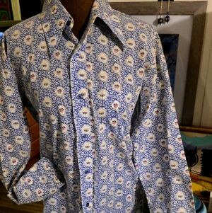 70's Men's Blue Floral Button-Up Shirt